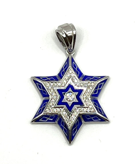 14K Gold & Diamond With Blue Enamel Star of David Necklace